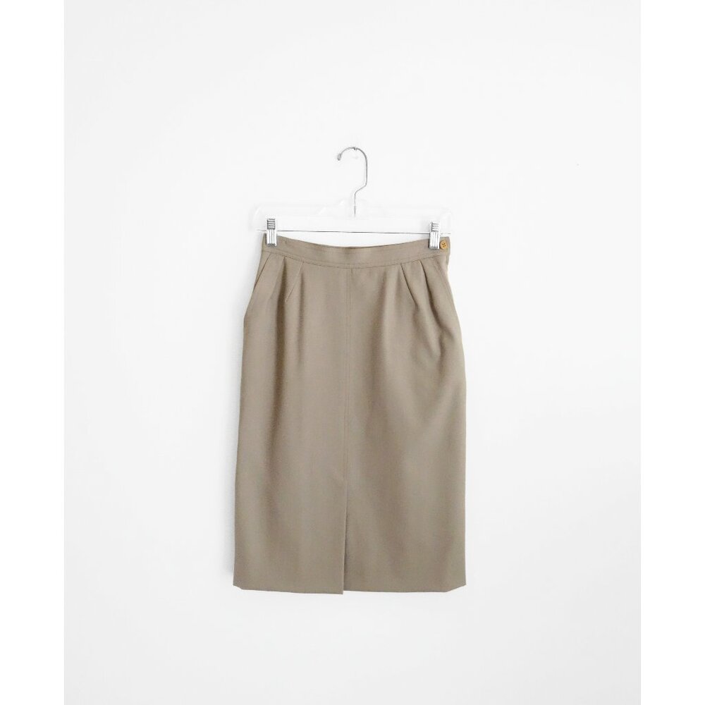 Vtg 70s 80s Giorgio Armani Khaki Wool High Rise Straight Pencil Skirt fit 0 XS